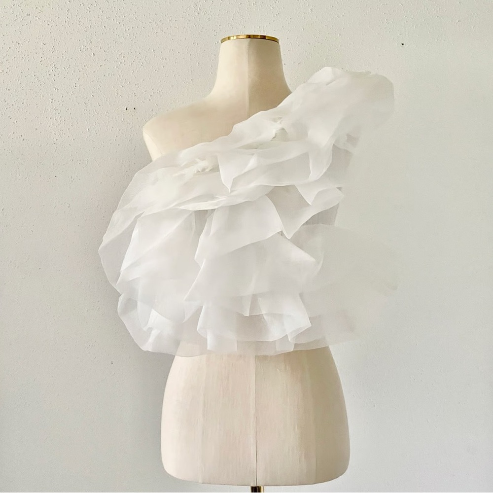 Zara White One Shoulder Ruffle Crop Top – 8 Layers – Small
